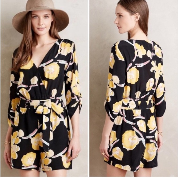 elevenses Pants - Anthropologie elevenses Romper Tropical Floral Print Black Yellow Size Large